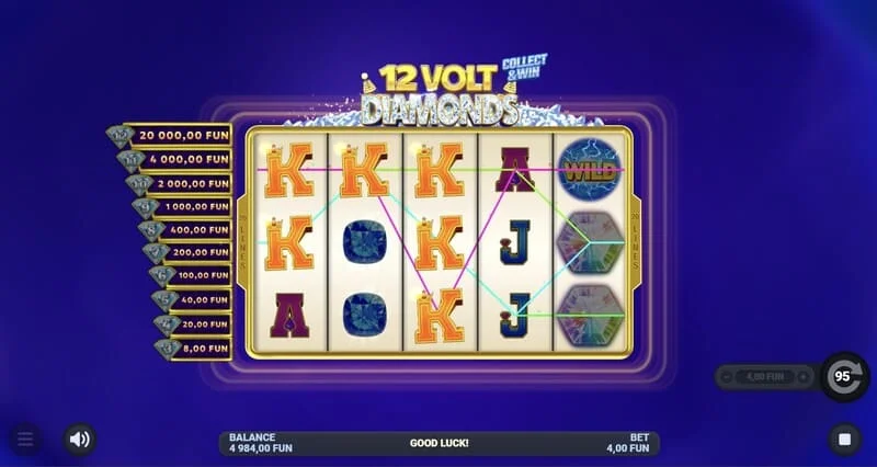 12 Volt Diamonds - skrin permainan utama dengan grid 5x4